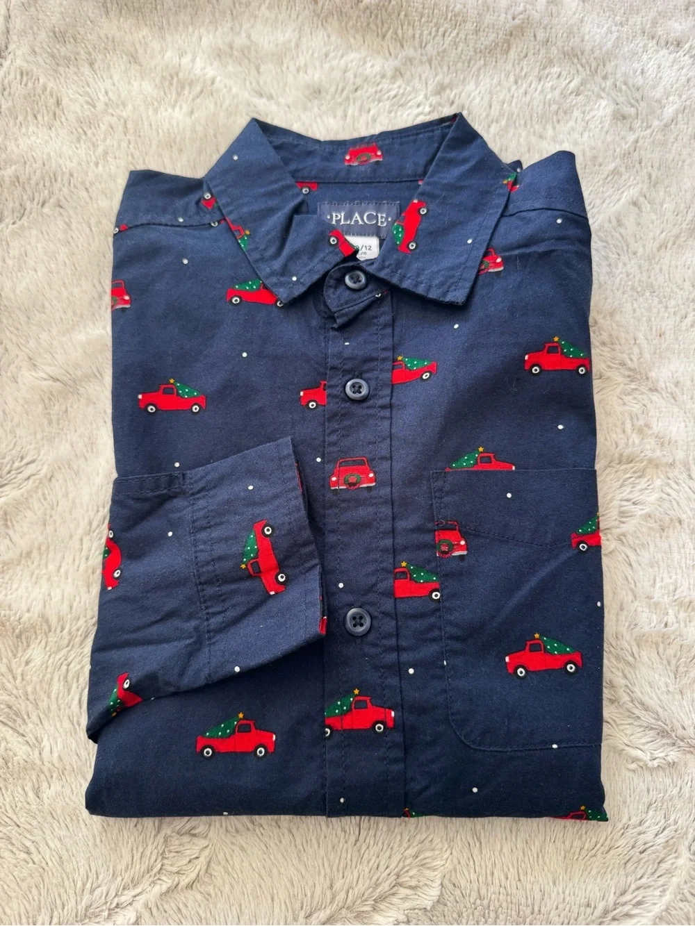 The Children's Place Boys Navy Button-Down Shirt with Red Car Print